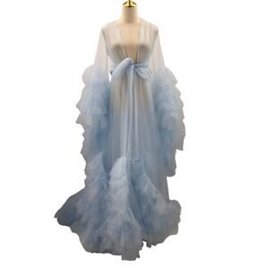 MATERNITY sz S M  baby blue tulle long sleeve ruffle photoshoot gown NEW B66